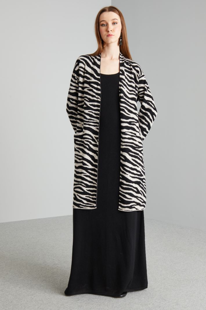 Cardigan jacquard con cintura - NERO BEIGE - Fashion Market